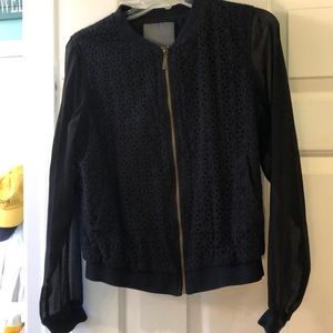 Really cute black bomber jacket w/ sheer sleeves